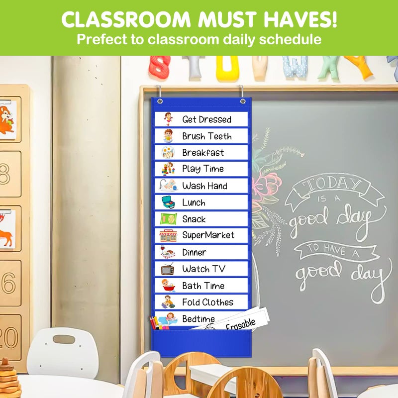 Eamay Daily Schedule Pocket Charts, Teacher Schedule Chart with Resuable 18 Custom Cards, Classroom Pocket Chart for School Office or Homeschool Activities, Blue - Image 3